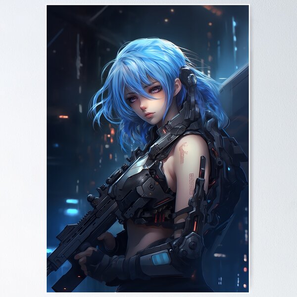 Anime manga cyber girl with blue hair