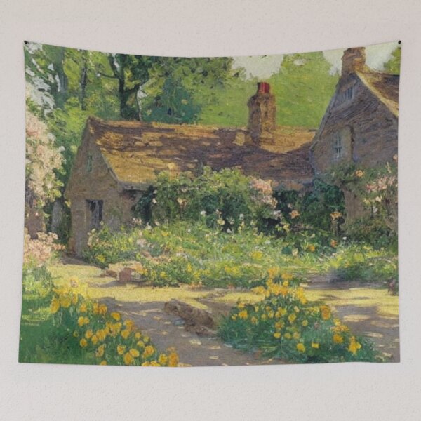 Item preview, Casa de campo inglesa de Cotswold en pintura al óleo de primavera designed and sold by MeadowFarmPrint.
