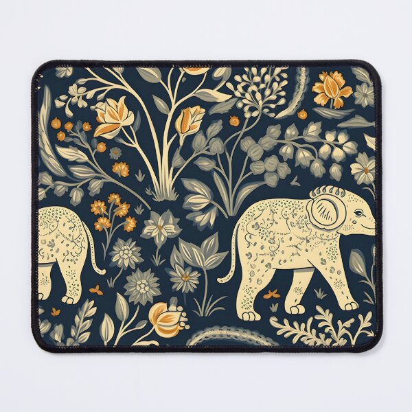 Item preview, William Morris-inspired Orange Floral on Deep Blue Background With Pale Yellow Elephants designed and sold by cleverEndeavor.