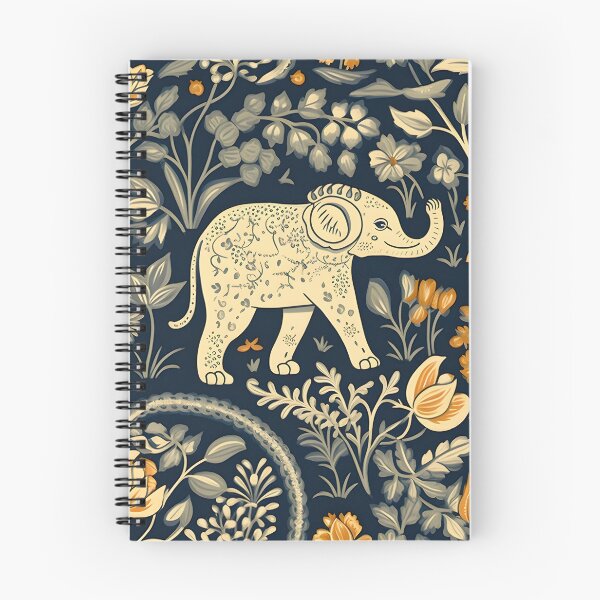Item preview, William Morris-inspired Orange Floral on Deep Blue Background With Pale Yellow Elephants designed and sold by cleverEndeavor.