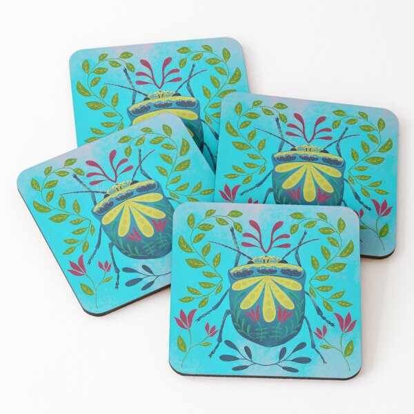 Item preview, Blue Beetle with Red and Yellow Flower Accents - green and blue leaves pattern designed and sold by Kathy Osborne Studio.