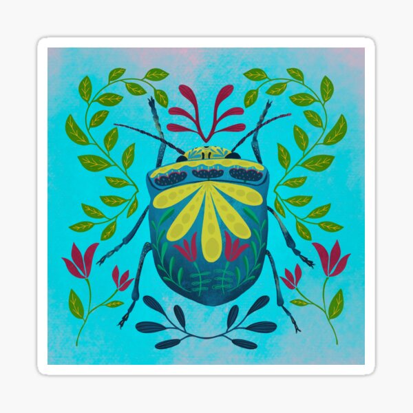 Item preview, Blue Beetle with Red and Yellow Flower Accents - green and blue leaves pattern designed and sold by Kathy Osborne Studio.