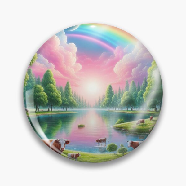 Item preview, "Whimsical Lake: Spinning Cows, Green Trees, Rainbow Sky " designed and sold by Huycao211.