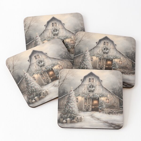 Item preview, vintage oil painting of a christmas country barn designed and sold by dcrc.