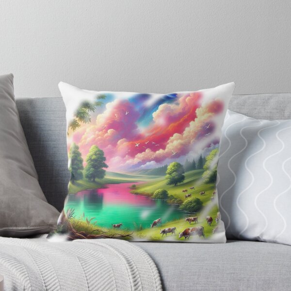 Item preview, "Whimsical Lake: Spinning Cows, Green Trees, Rainbow Sky " designed and sold by Huycao211.