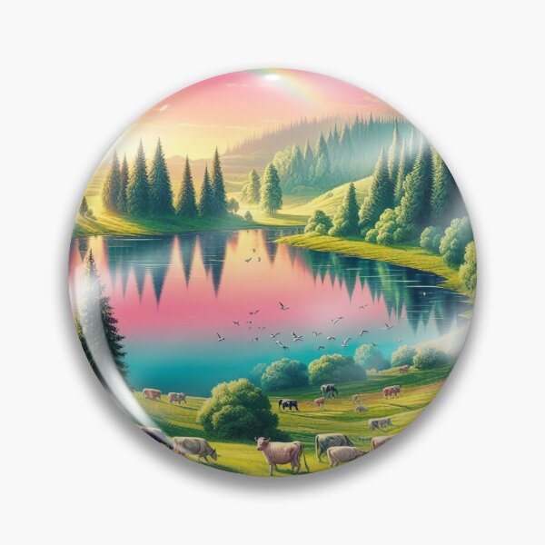 Item preview, "Whimsical Lake: Spinning Cows, Green Trees, Rainbow Sky " designed and sold by Huycao211.