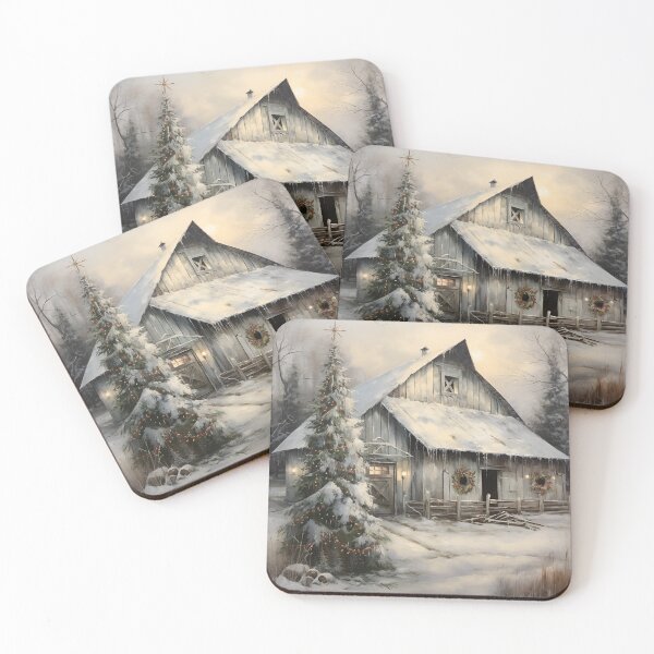 Item preview, vintage oil painting of a christmas country barn designed and sold by dcrc.