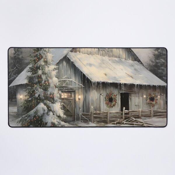 Item preview, vintage oil painting of a christmas country barn designed and sold by dcrc.