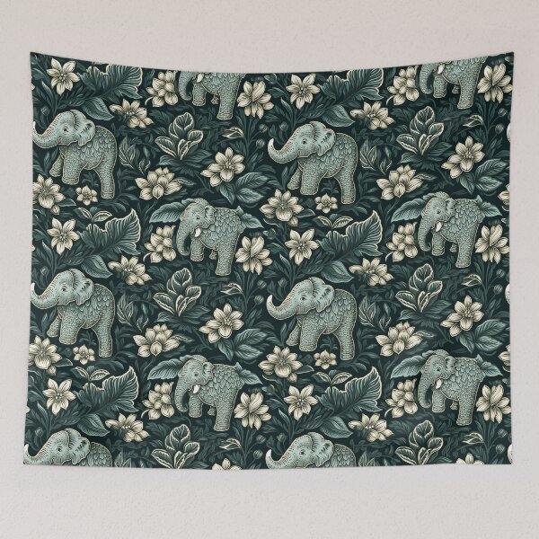 Item preview, William Morris-Inspired Muted Greens and Cream With Elephants designed and sold by cleverEndeavor.
