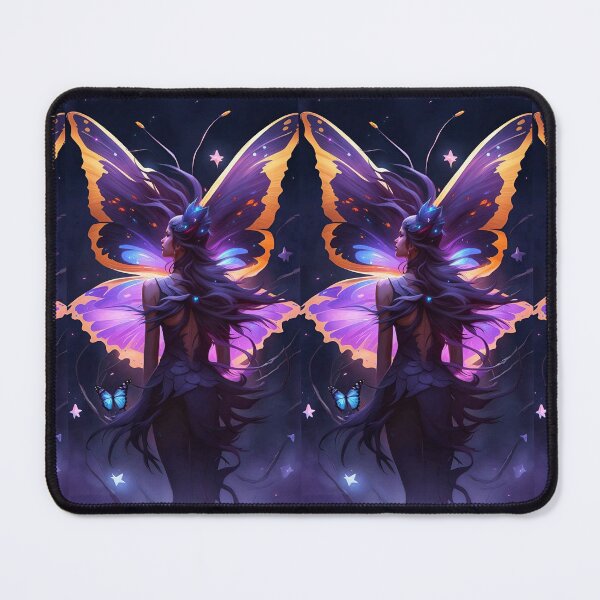 Item preview, woman from behind, in moth with outstretched wings in color, black starry background designed and sold by Creativesphotos.