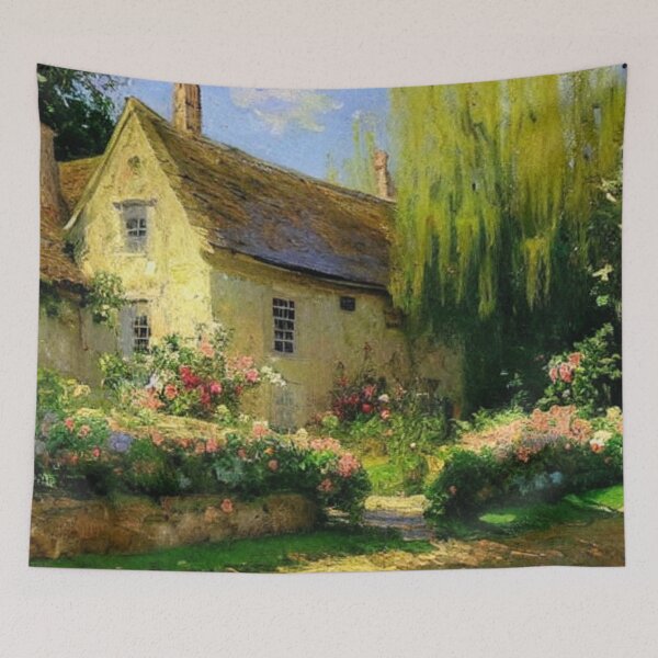 Item preview, English Cotswold Cottage in Summertime Oil Painting designed and sold by MeadowFarmPrint.