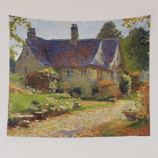 Item preview, English Cotswold Cottage in Autumn Oil Painting designed and sold by MeadowFarmPrint.