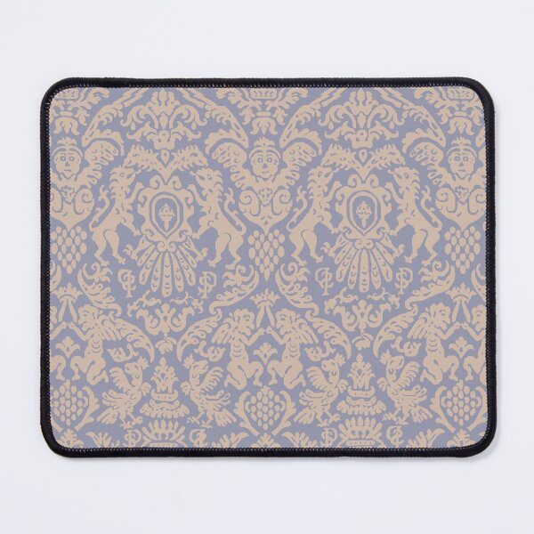 Item preview, Sand on Cool Gray Weird Medieval Lions, Cherubs, and Skulls Scrollwork Damask designed and sold by JamieWetzel.