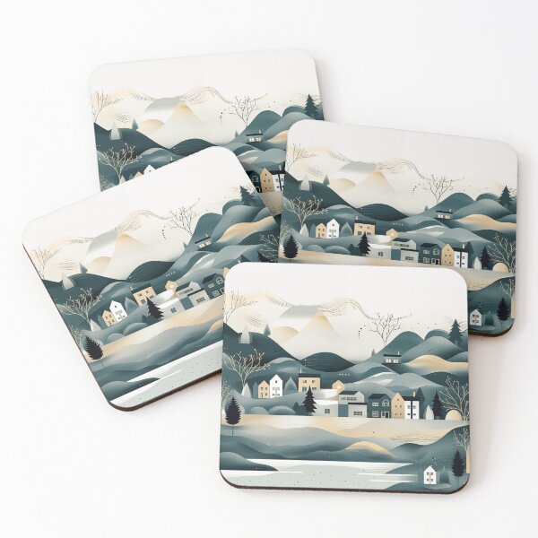 Item preview, Minimal modern scandinavian landscape in grey gold and teal designed and sold by CiniAi.
