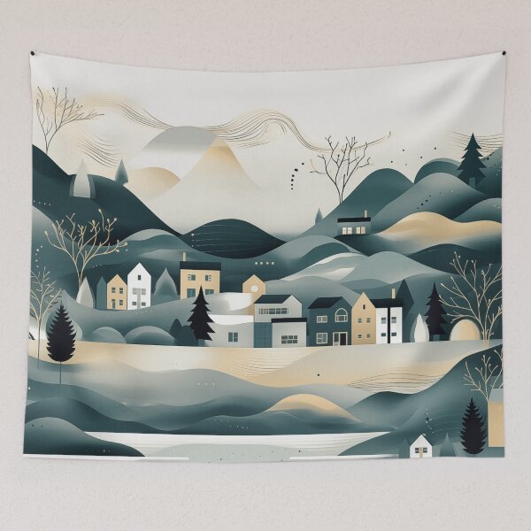 Item preview, Minimal modern scandinavian landscape in grey gold and teal designed and sold by CiniAi.