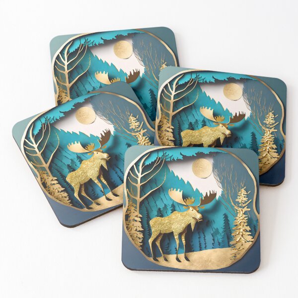 Item preview, Moose, Gold, Layered Paper, Paper Cut, Trees, Cabin, Forest, Blue, Dark Blue designed and sold by Golden-Feathers.