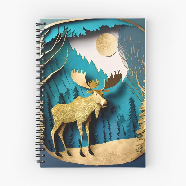 Item preview, Moose, Gold, Layered Paper, Paper Cut, Trees, Cabin, Forest, Blue, Dark Blue designed and sold by Golden-Feathers.