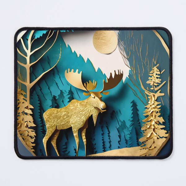 Item preview, Moose, Gold, Layered Paper, Paper Cut, Trees, Cabin, Forest, Blue, Dark Blue designed and sold by Golden-Feathers.