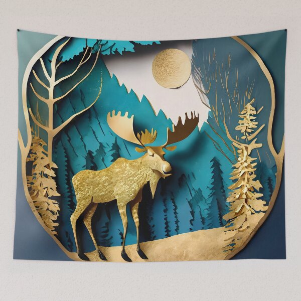 Item preview, Moose, Gold, Layered Paper, Paper Cut, Trees, Cabin, Forest, Blue, Dark Blue designed and sold by Golden-Feathers.
