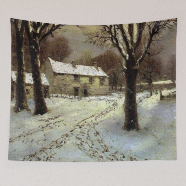 Item preview, English Cotswold Cottage in Snowy Winter Garden Oil Painting designed and sold by MeadowFarmPrint.