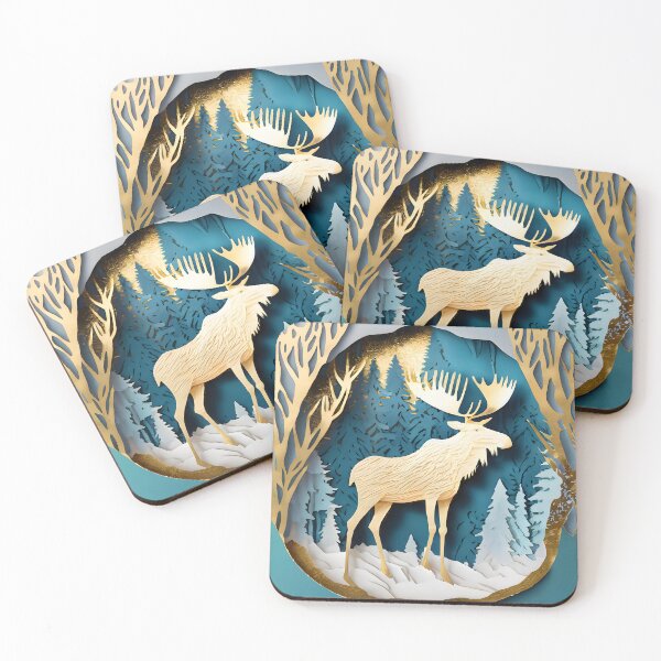 Item preview, Moose, Gold, Layered Paper, Paper Cut, Trees, Cabin, Forest, Blue, Dark Blue, White  designed and sold by Golden-Feathers.