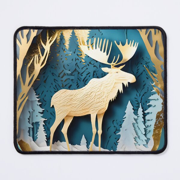 Item preview, Moose, Gold, Layered Paper, Paper Cut, Trees, Cabin, Forest, Blue, Dark Blue, White designed and sold by Golden-Feathers.