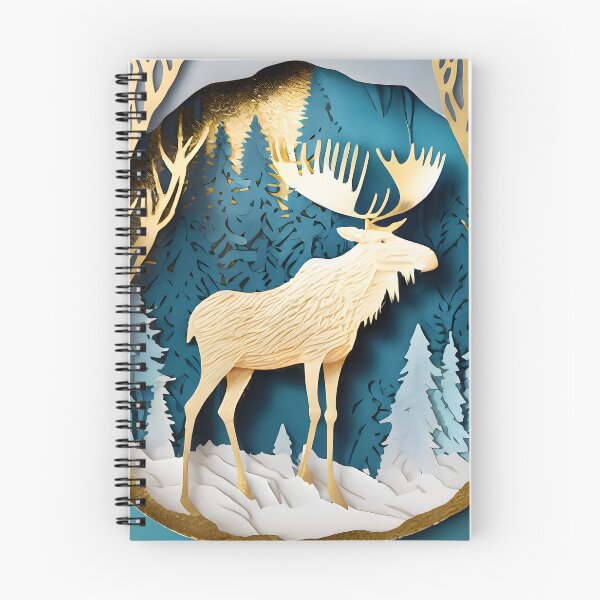 Item preview, Moose, Gold, Layered Paper, Paper Cut, Trees, Cabin, Forest, Blue, Dark Blue, White  designed and sold by Golden-Feathers.