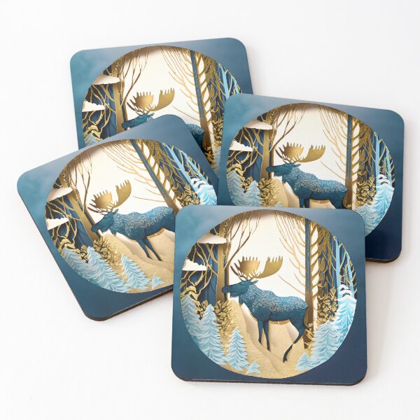 Item preview, Moose, Gold, Layered Paper, Paper Cut, Trees, Cabin, Forest, Blue, Dark Blue designed and sold by Golden-Feathers.