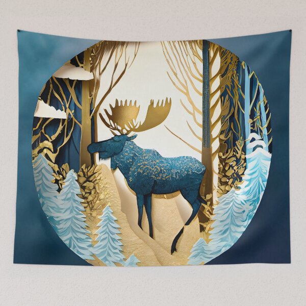 Item preview, Moose, Gold, Layered Paper, Paper Cut, Trees, Cabin, Forest, Blue, Dark Blue designed and sold by Golden-Feathers.