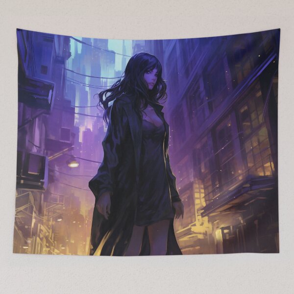Item preview, Neon Nocturne: The Enigmatic Wanderer of the Cyberpunk Cityscape designed and sold by oanaunciuleanu.