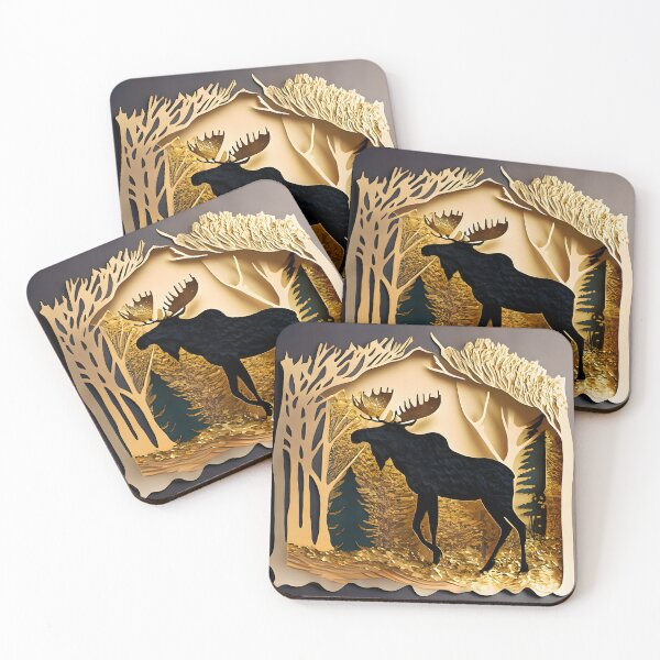 Item preview, Moose, Gold, Layered Paper, Paper Cut, Trees, Cabin, Forest, Black, Gray, Grey designed and sold by Golden-Feathers.