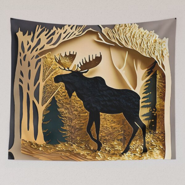 Item preview, Moose, Gold, Layered Paper, Paper Cut, Trees, Cabin, Forest, Black, Gray, Grey designed and sold by Golden-Feathers.