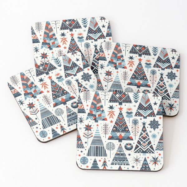 Item preview, Modern Geometric Christmas Tree mid Century Greens Blues Rust Red pattern Nordic Scandinavian  designed and sold by CoffeeIsATrip.