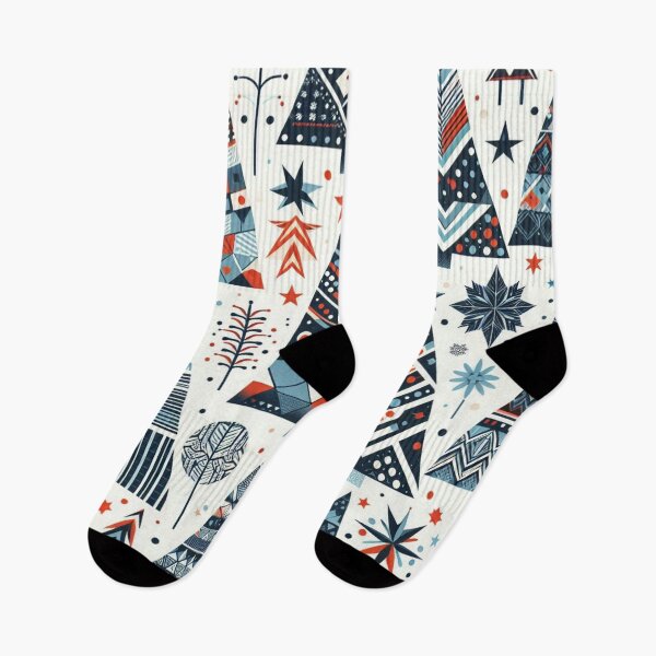 Item preview, Modern Geometric Christmas Tree mid Century Greens Blues Rust Red pattern Nordic Scandinavian  designed and sold by CoffeeIsATrip.