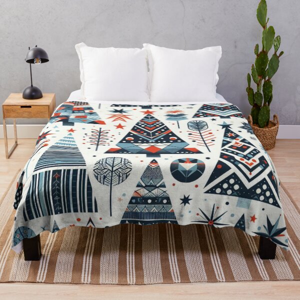Item preview, Modern Geometric Christmas Tree mid Century Greens Blues Rust Red pattern Nordic Scandinavian designed and sold by CoffeeIsATrip.
