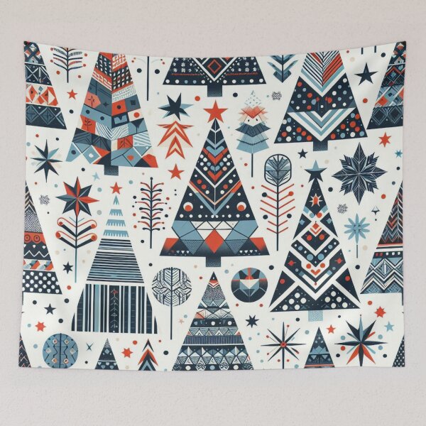 Item preview, Modern Geometric Christmas Tree mid Century Greens Blues Rust Red pattern Nordic Scandinavian  designed and sold by CoffeeIsATrip.