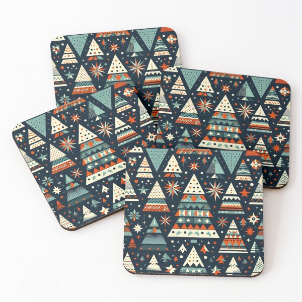 Item preview, Modern Geometric Christmas Tree mid Century Turquois Greens Blues Rust Red pattern Nordic Scandinavian  designed and sold by CoffeeIsATrip.