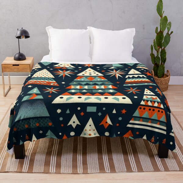 Item preview, Modern Geometric Christmas Tree mid Century Turquois Greens Blues Rust Red pattern Nordic Scandinavian designed and sold by CoffeeIsATrip.