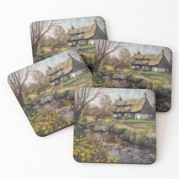 Item preview, White English Thatched Cottage by the River in Springtime designed and sold by MeadowFarmPrint.