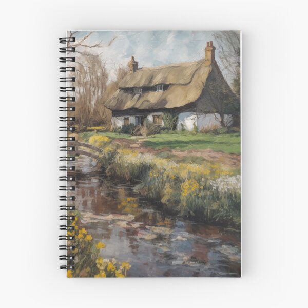 Item preview, White English Thatched Cottage by the River in Springtime designed and sold by MeadowFarmPrint.