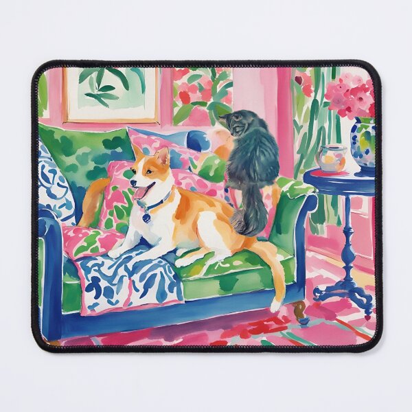Item preview, Cat and dog in preppy interior whimsical watercolor designed and sold by SophieClimaArt.