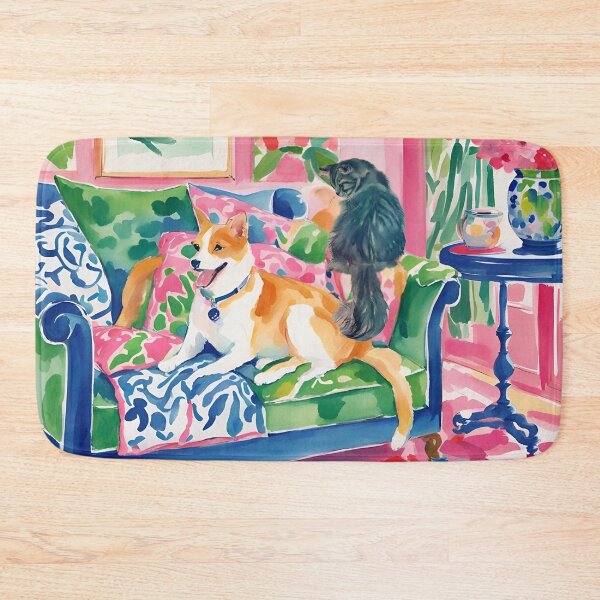 Item preview, Cat and dog in preppy interior whimsical watercolor designed and sold by SophieClimaArt.
