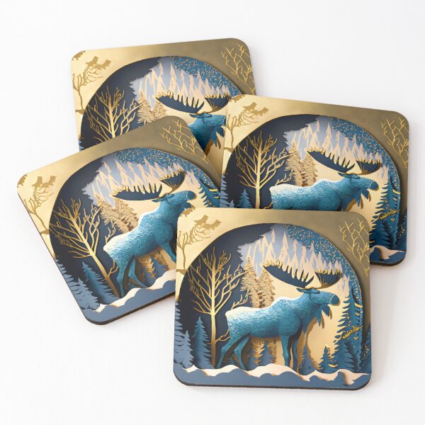 Item preview, Moose, Gold, Layered Paper, Paper Cut, Trees, Cabin, Forest, Blue, Dark Blue designed and sold by Golden-Feathers.