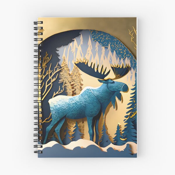 Item preview, Moose, Gold, Layered Paper, Paper Cut, Trees, Cabin, Forest, Blue, Dark Blue designed and sold by Golden-Feathers.