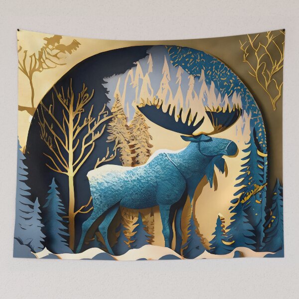 Item preview, Moose, Gold, Layered Paper, Paper Cut, Trees, Cabin, Forest, Blue, Dark Blue designed and sold by Golden-Feathers.