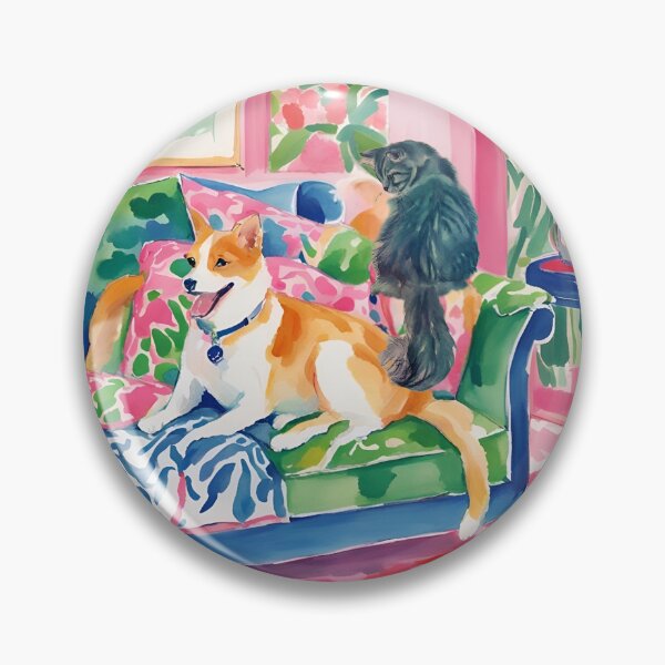Item preview, Cat and dog in preppy interior whimsical watercolor designed and sold by SophieClimaArt.