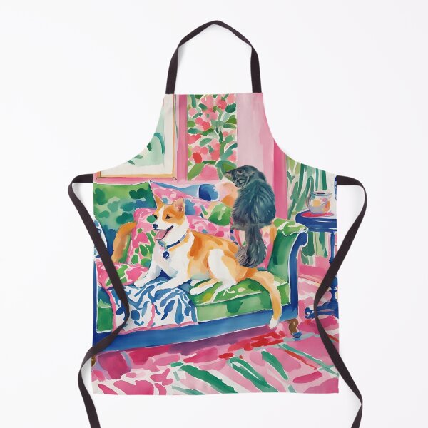 Item preview, Cat and dog in preppy interior whimsical watercolor designed and sold by SophieClimaArt.