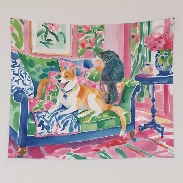 Item preview, Cat and dog in preppy interior whimsical watercolor designed and sold by SophieClimaArt.