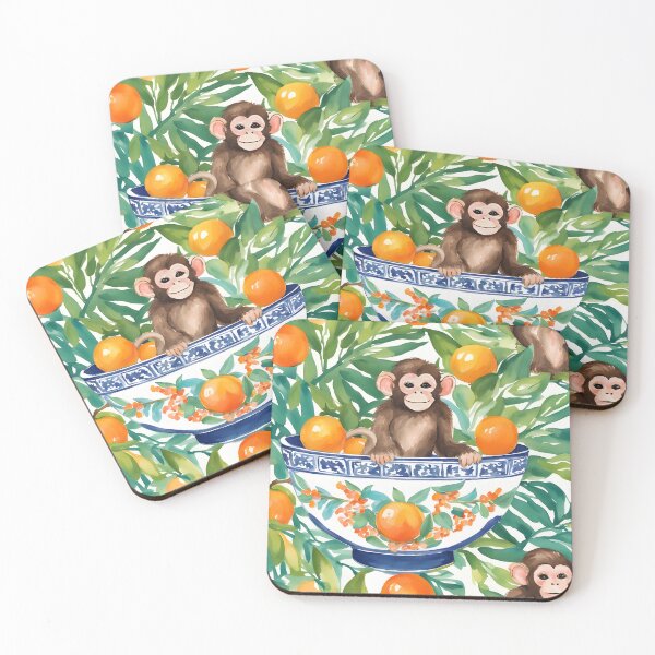 Item preview, Chinoiserie monkey and oranges watercolor designed and sold by SophieClimaArt.