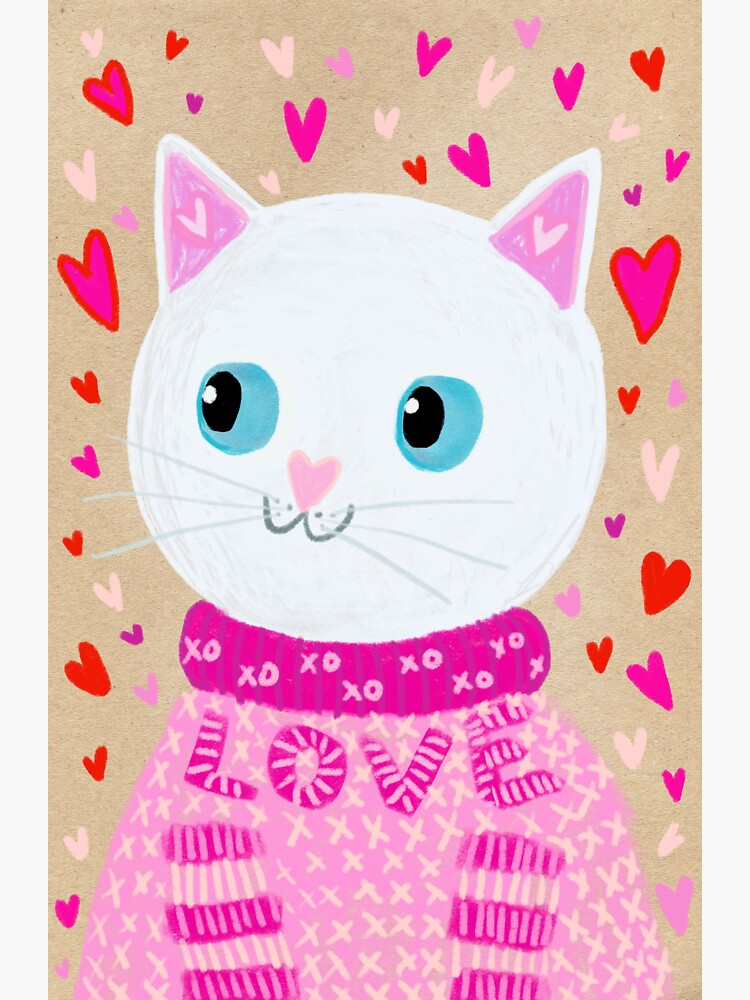 White cat in pink sweater Valentines day card Sticker